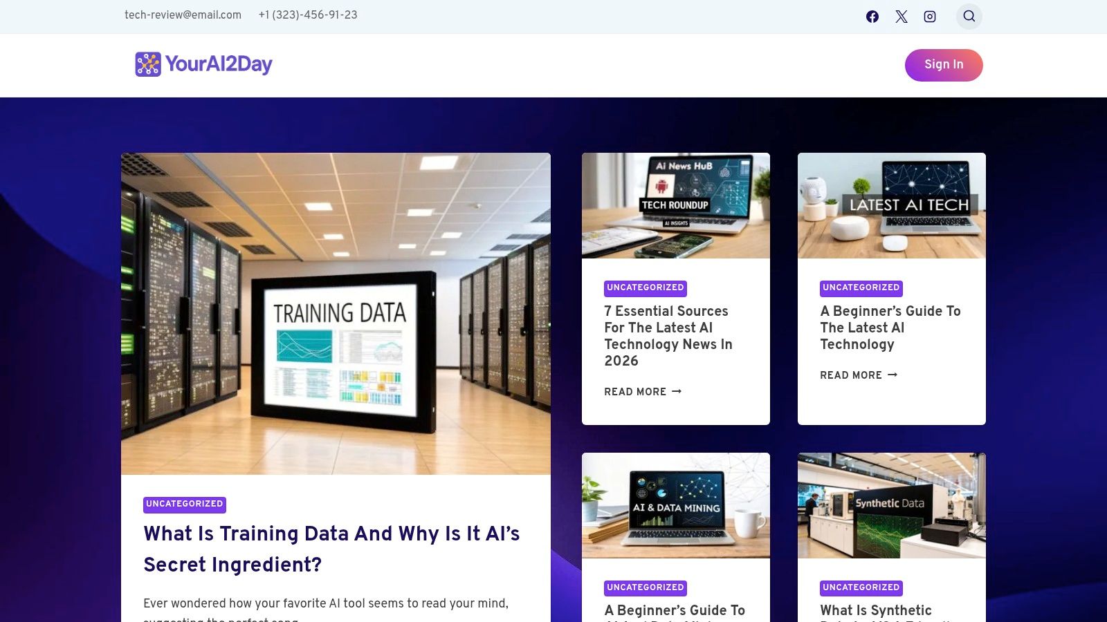 A screenshot of the YourAI2Day website homepage, showcasing its clean design and focus on AI news and guides.
