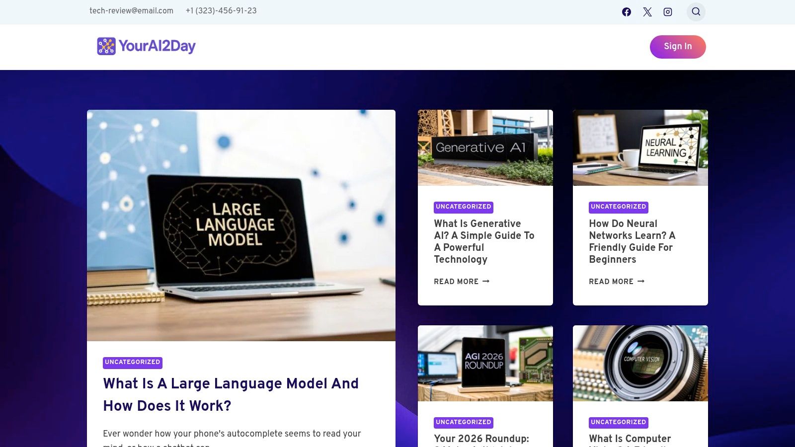 A screenshot of the YourAI2Day website, showing a clean interface with articles on AI news, tools, and guides.