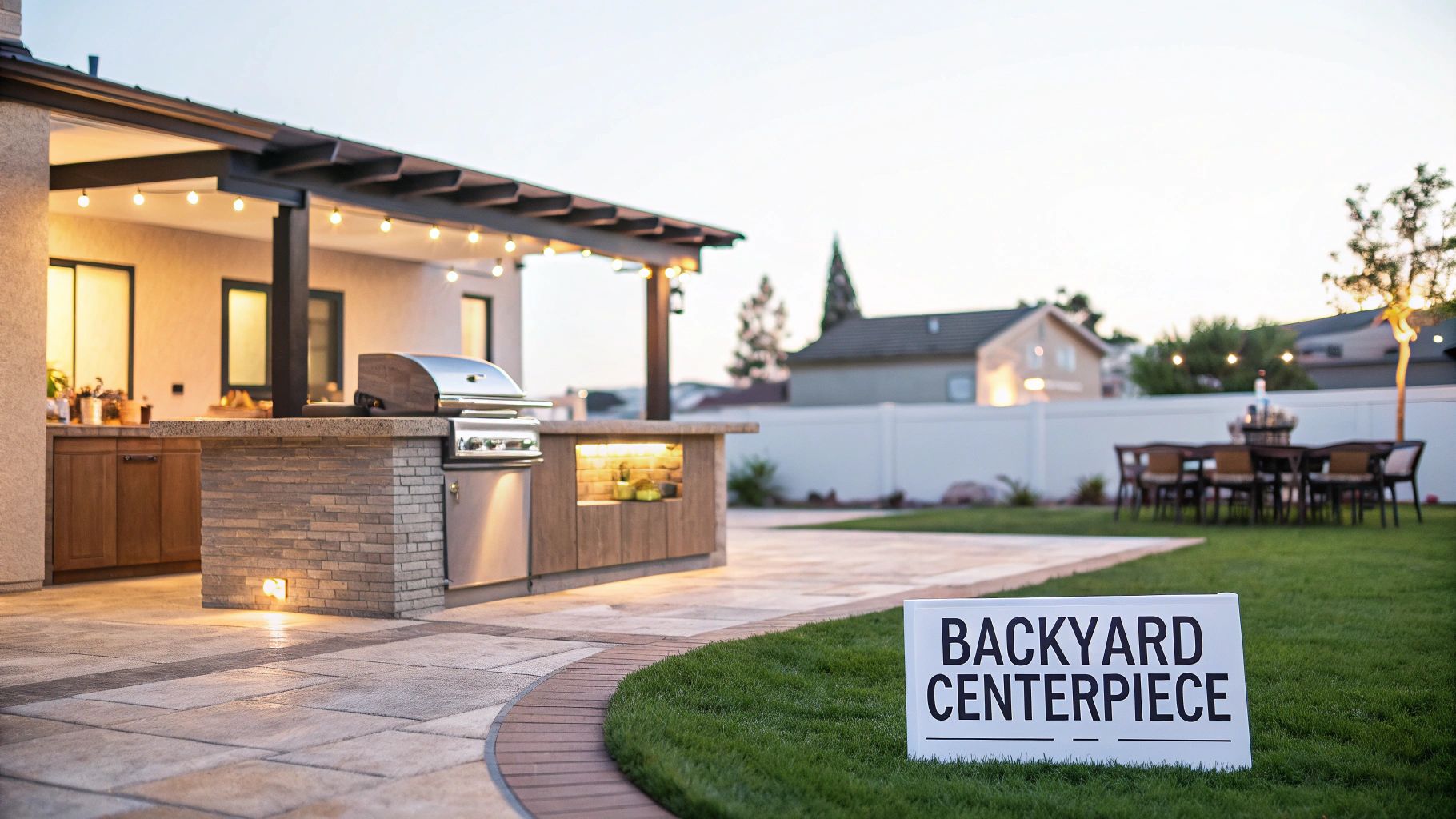 A modern backyard features a stone outdoor kitchen island, grill, patio, and lawn with a dining set.