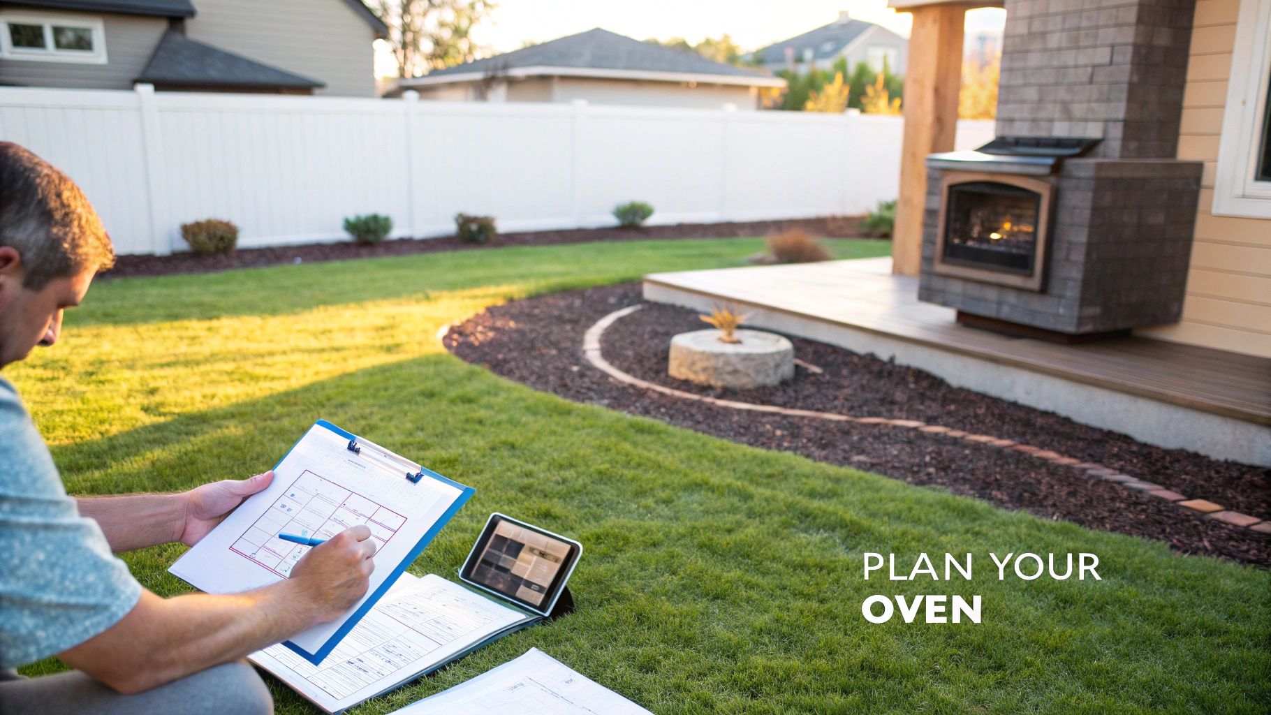 A man plans an outdoor oven in a backyard, drawing on a clipboard with a tablet nearby.