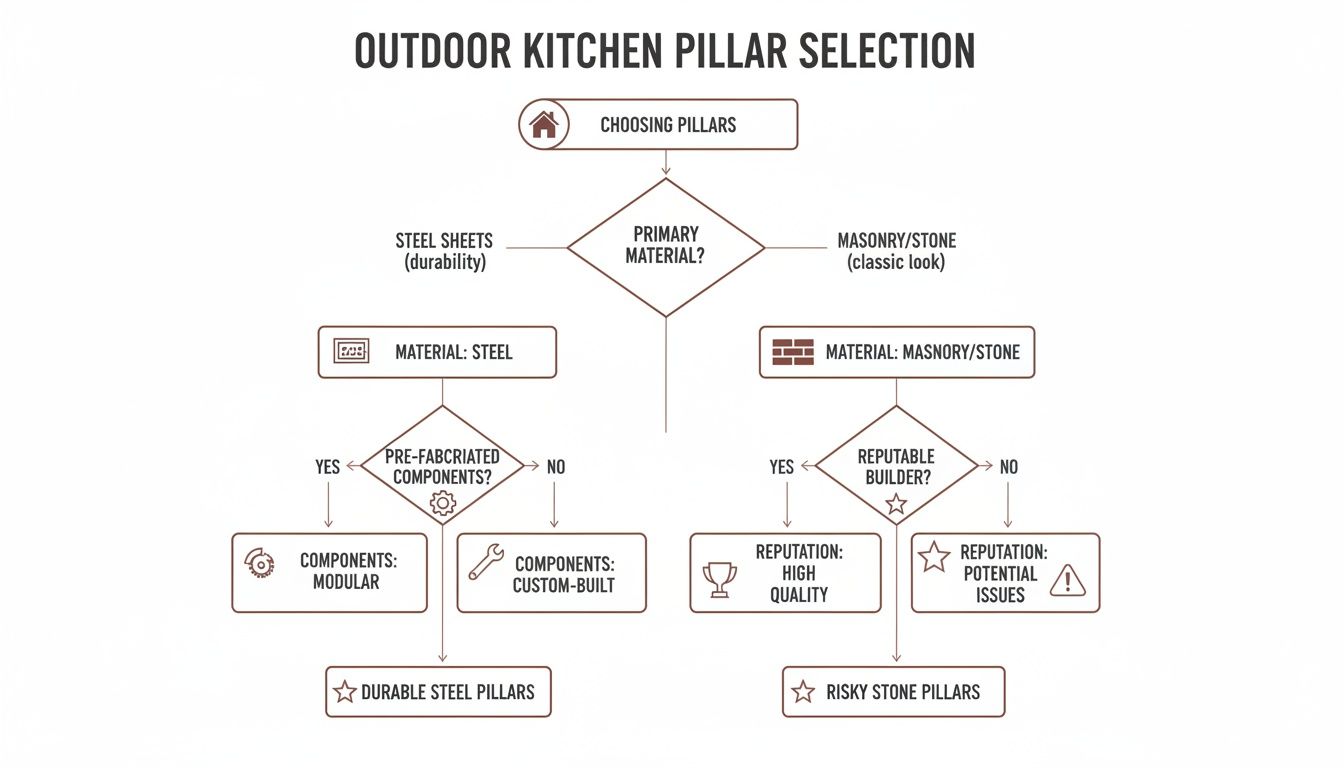 A flowchart illustrating the selection process for outdoor kitchen pillars, considering material and components.