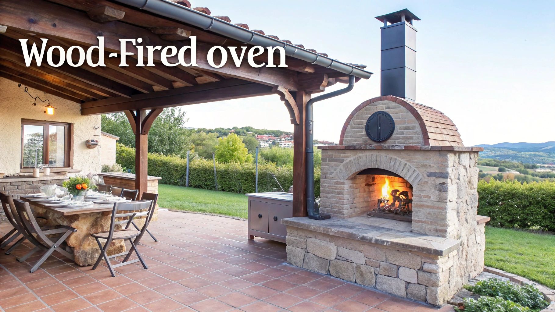A beautiful outdoor patio with a burning wood-fired oven, dining table, and scenic hill views.
