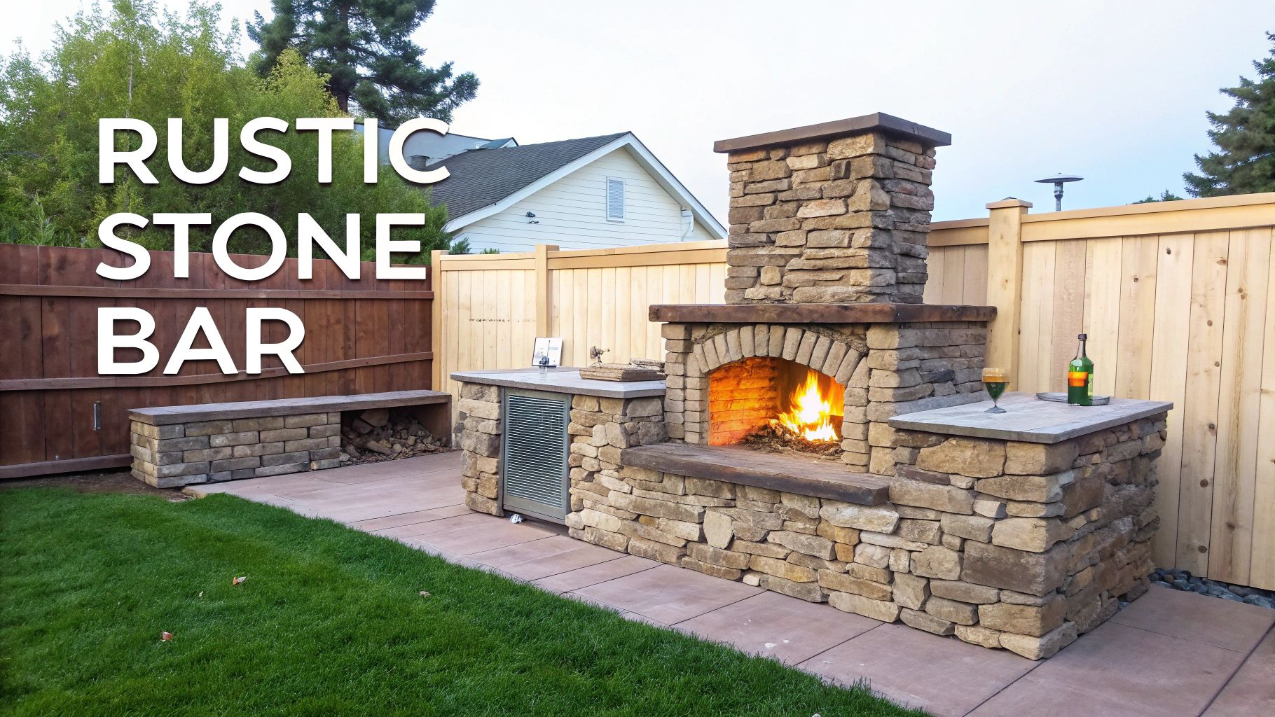 A rustic stone outdoor bar with a fireplace, integrated counter, and a bench for backyard entertaining.