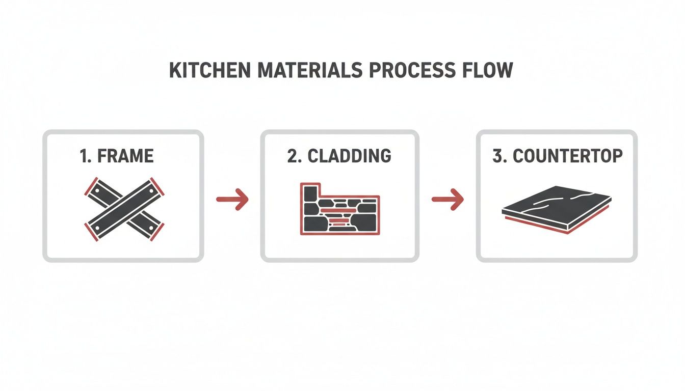 A three-step process flow for kitchen materials including frame, cladding, and countertop construction.