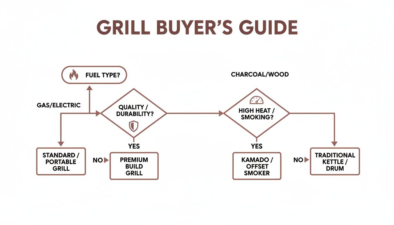 Decision tree for grill buyers guiding selection based on fuel, quality, and cooking style.