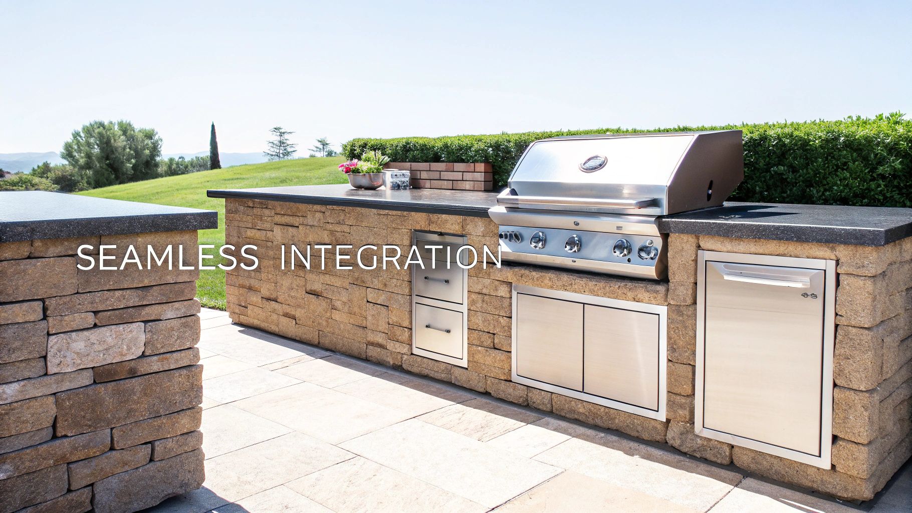 Luxury outdoor kitchen with integrated stainless steel grill, drawers, and stone countertops, set in a sunny landscape.