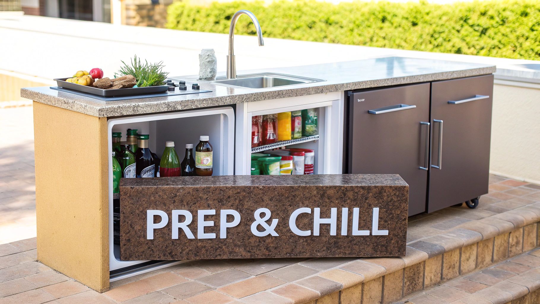 An outdoor kitchen island with a granite countertop, sink, cooktop, and two built-in refrigerators, with a 'PREP & CHILL' sign.