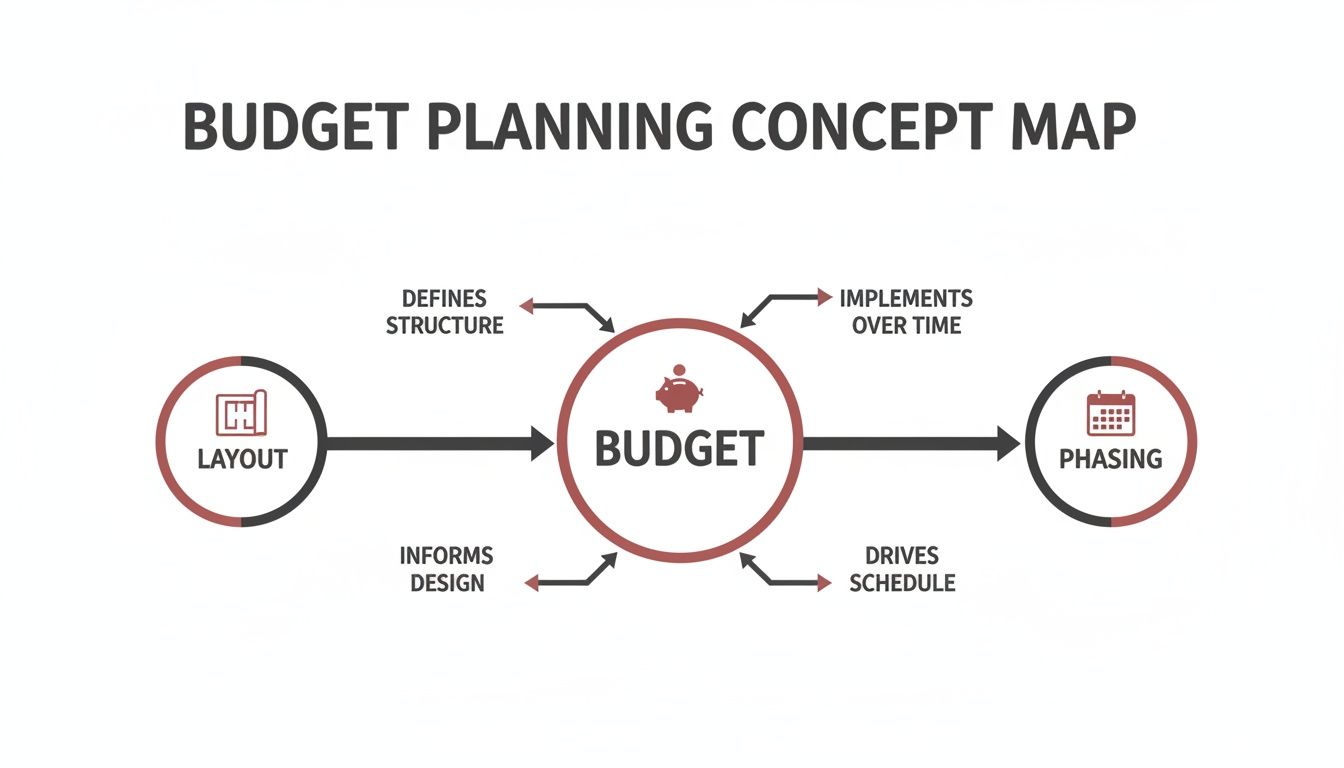 A concept map showing the budget planning process, connecting layout, budget, and phasing.