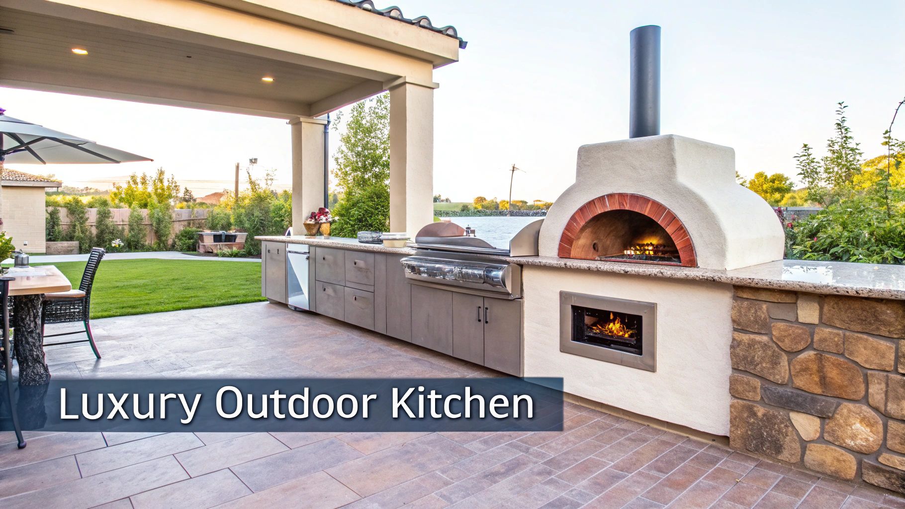 A luxurious outdoor kitchen with a large built-in pizza oven, grill, and fireplace.