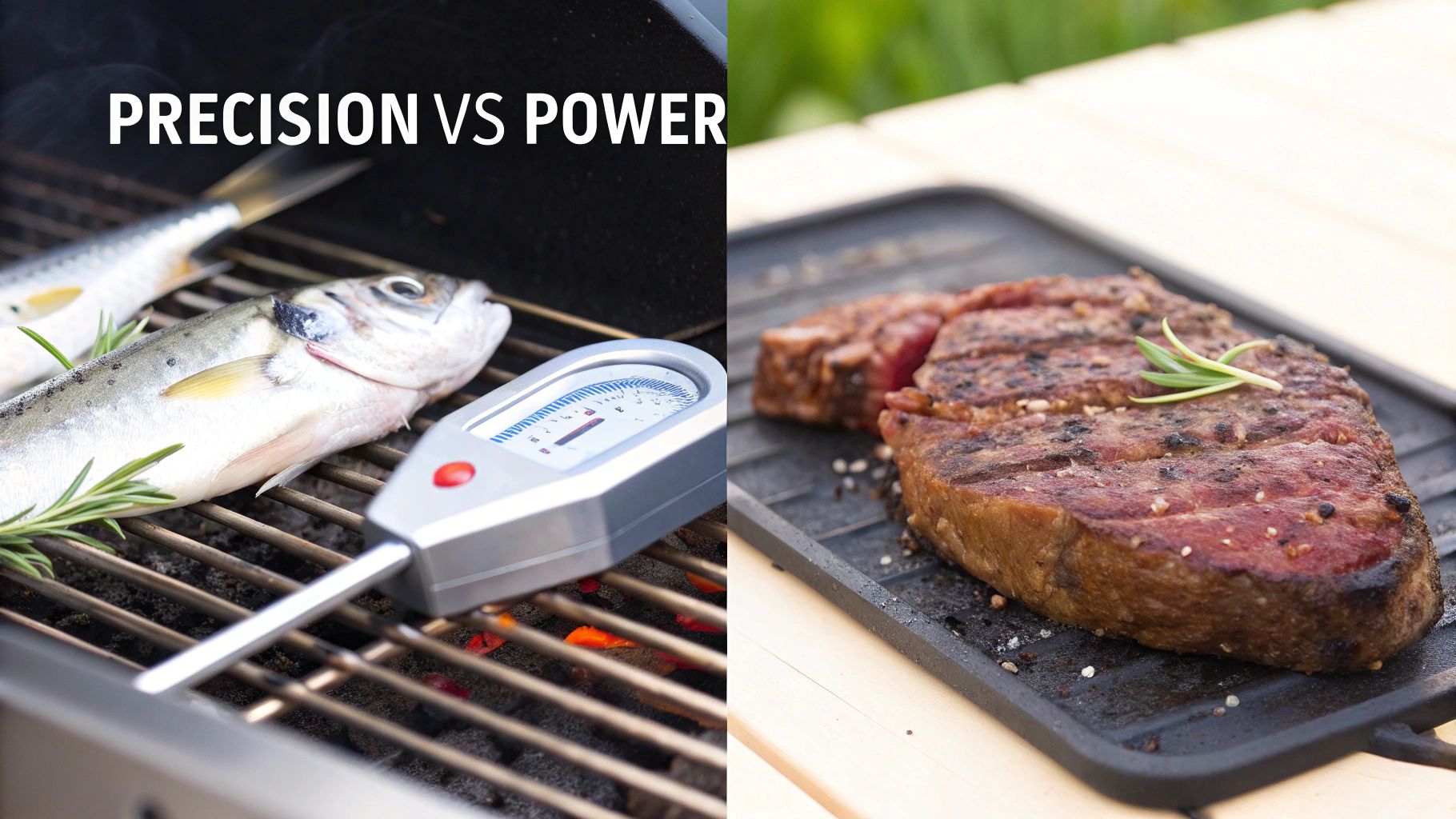Grilling fish with a precision thermometer and a juicy steak, illustrating precision vs power in cooking.