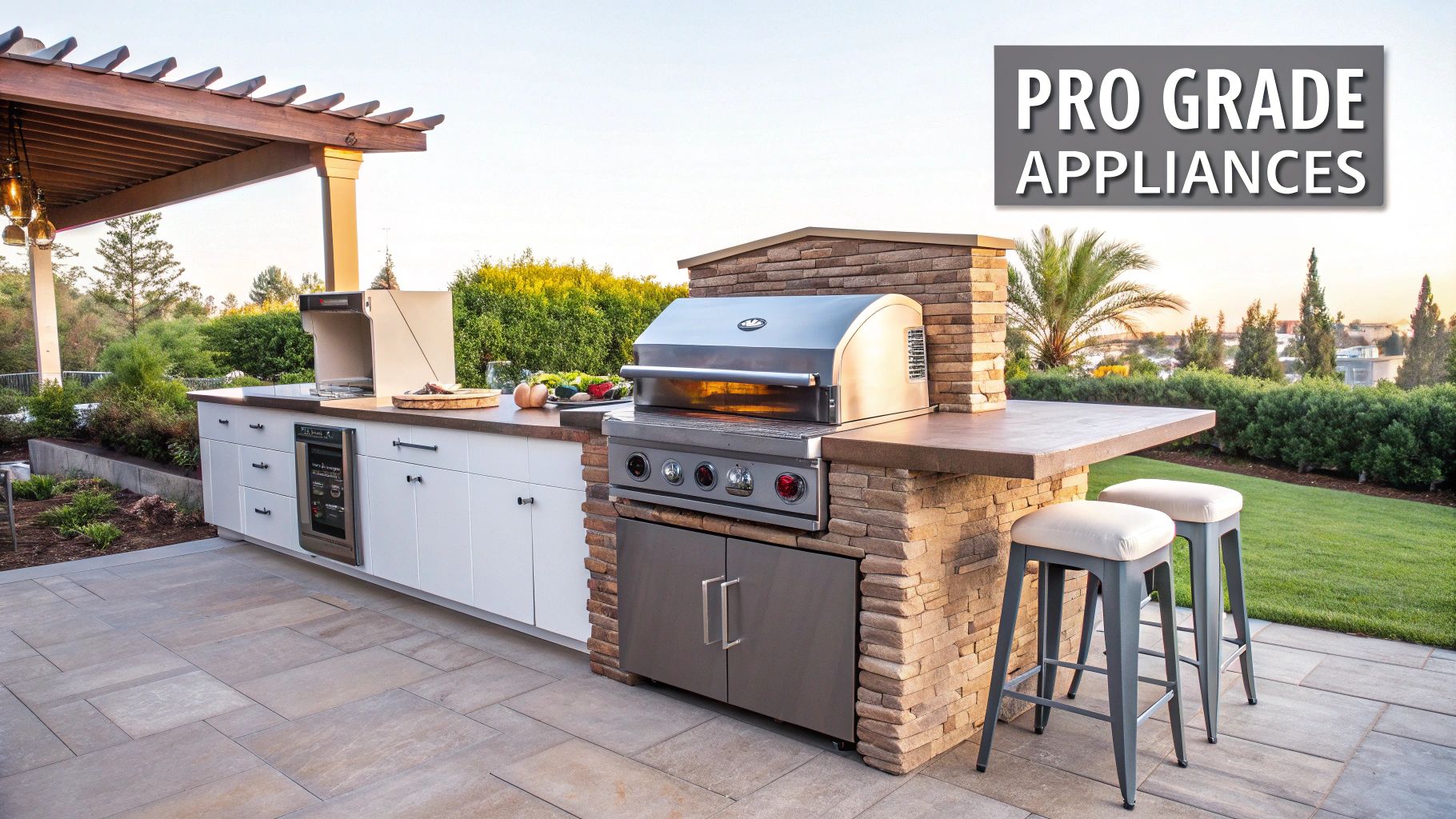 A stylish outdoor kitchen island with professional-grade appliances, grill, refrigerator, and bar stools.