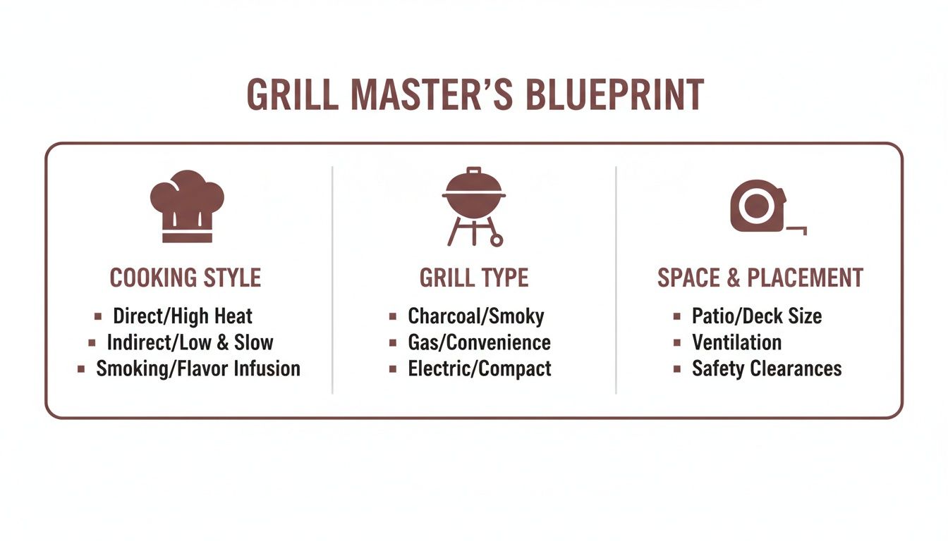 Infographic outlining a grill master's blueprint for choosing a grill, detailing cooking style, type, and placement.