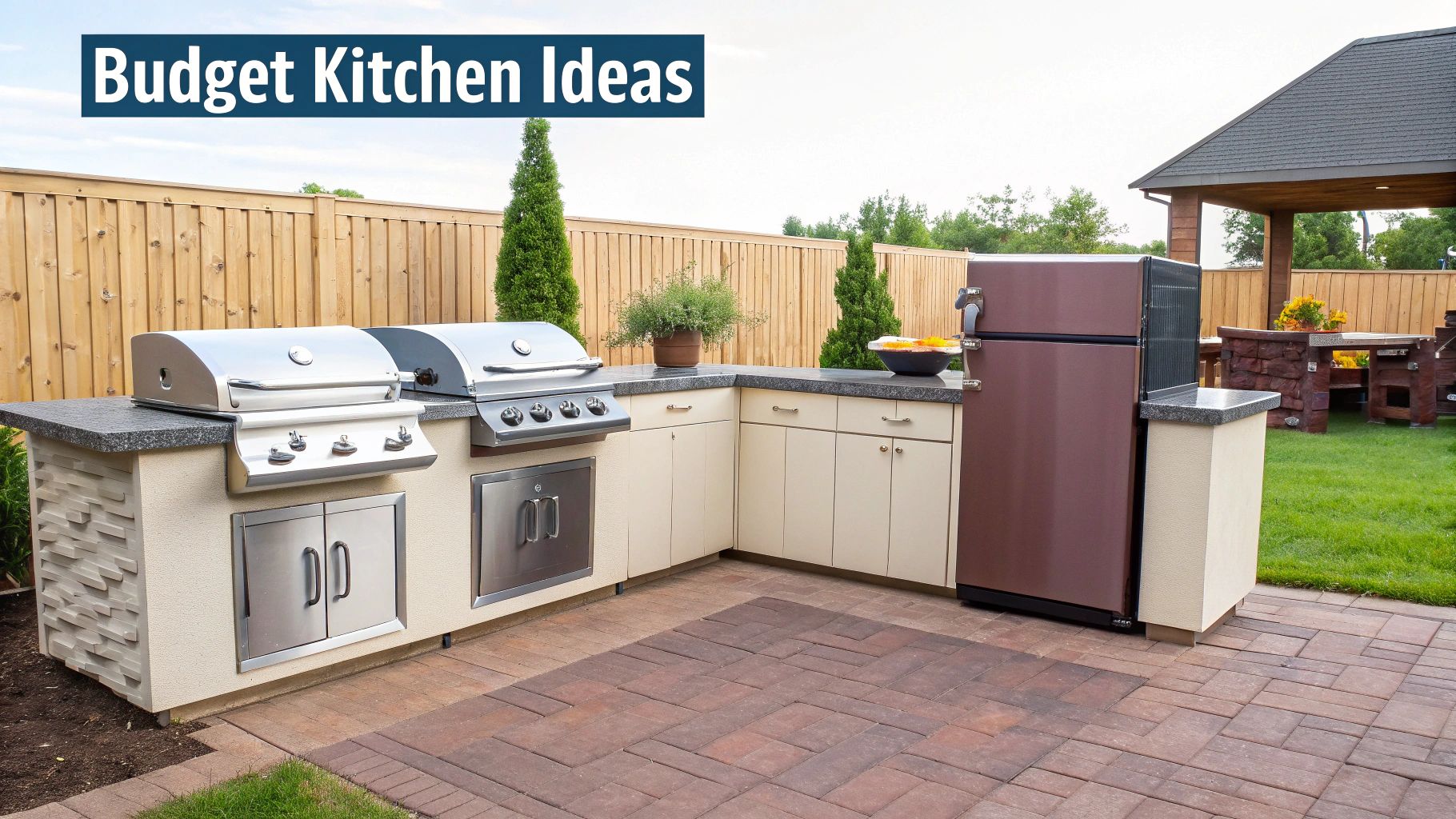 A functional outdoor kitchen with two grills, a refrigerator, light-colored cabinets, and a stone patio.