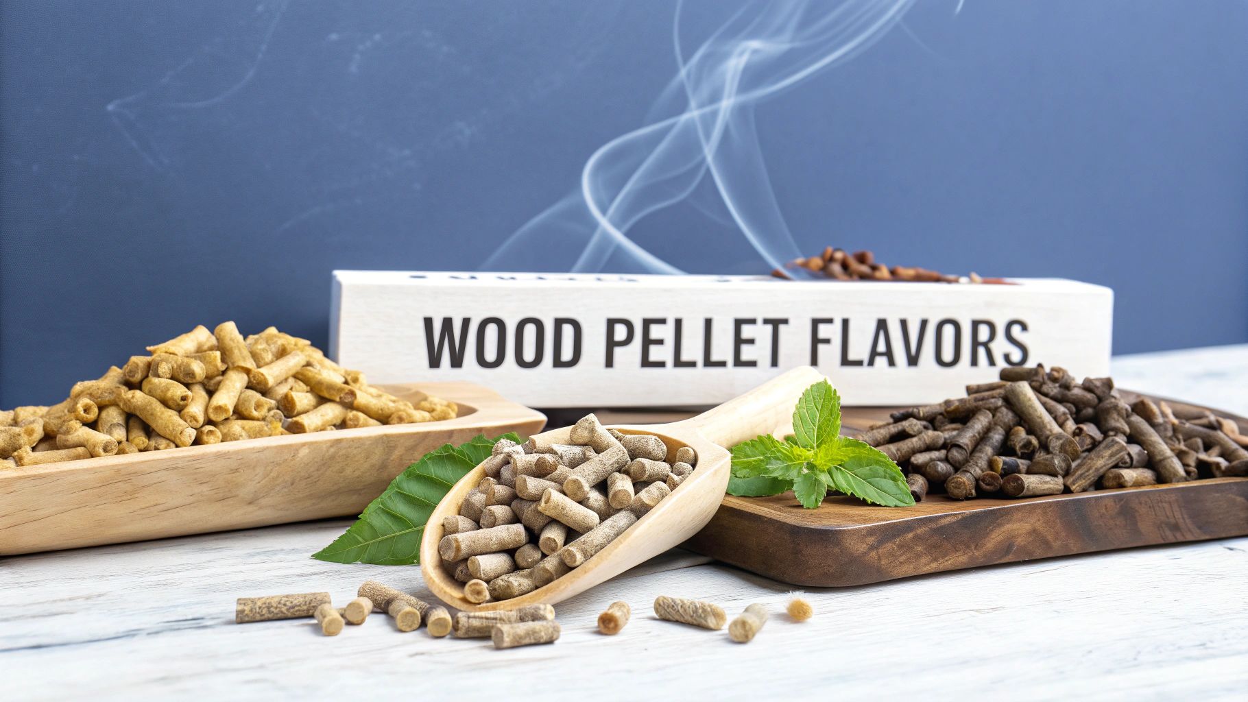 Various wood pellet flavors for grilling and smoking, displayed with a 'WOOD PELLET FLAVORS' sign and smoke.