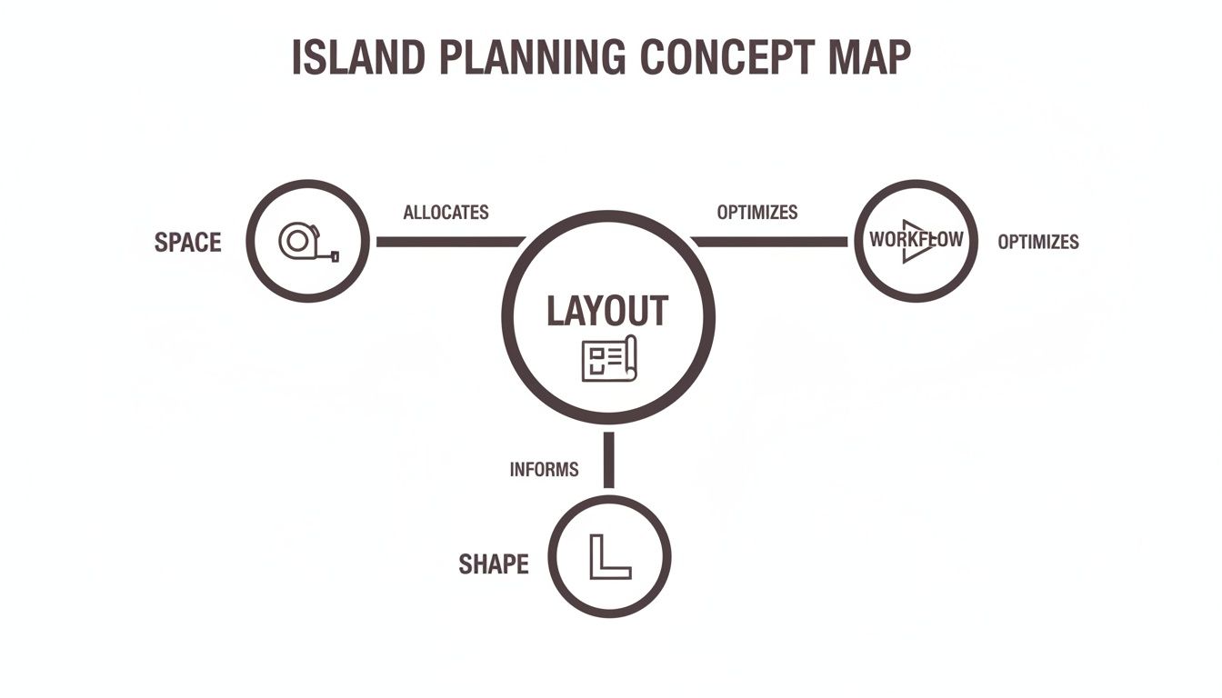 A concept map illustrating how island layout allocates space, optimizes workflow, and is informed by shape.