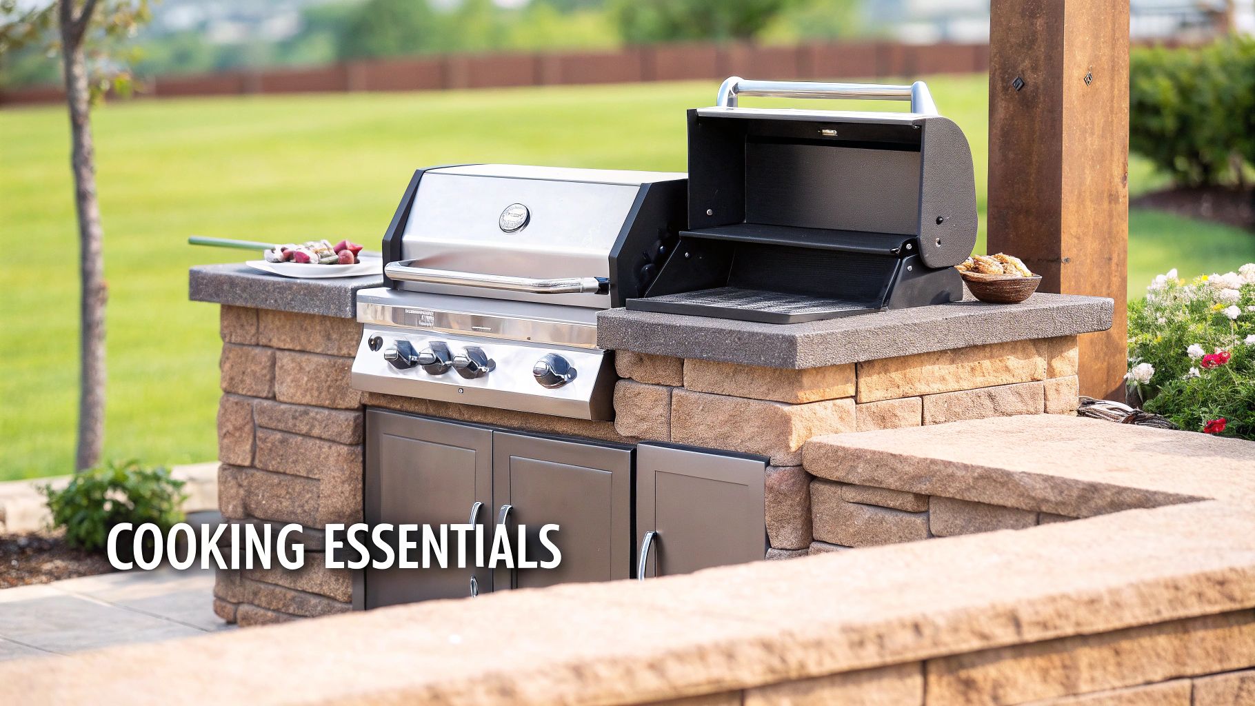 An outdoor kitchen featuring a stainless steel grill, side burner, and stone counters on a patio.