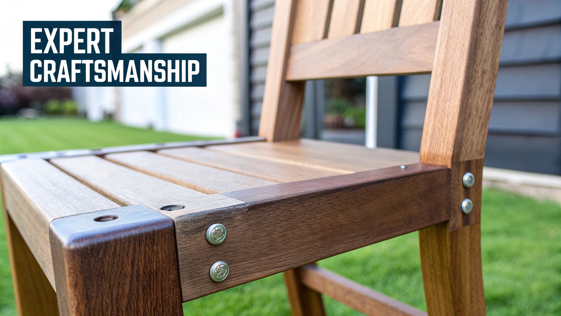 Close-up of a beautifully crafted teak outdoor chair, showcasing expert wooden craftsmanship.