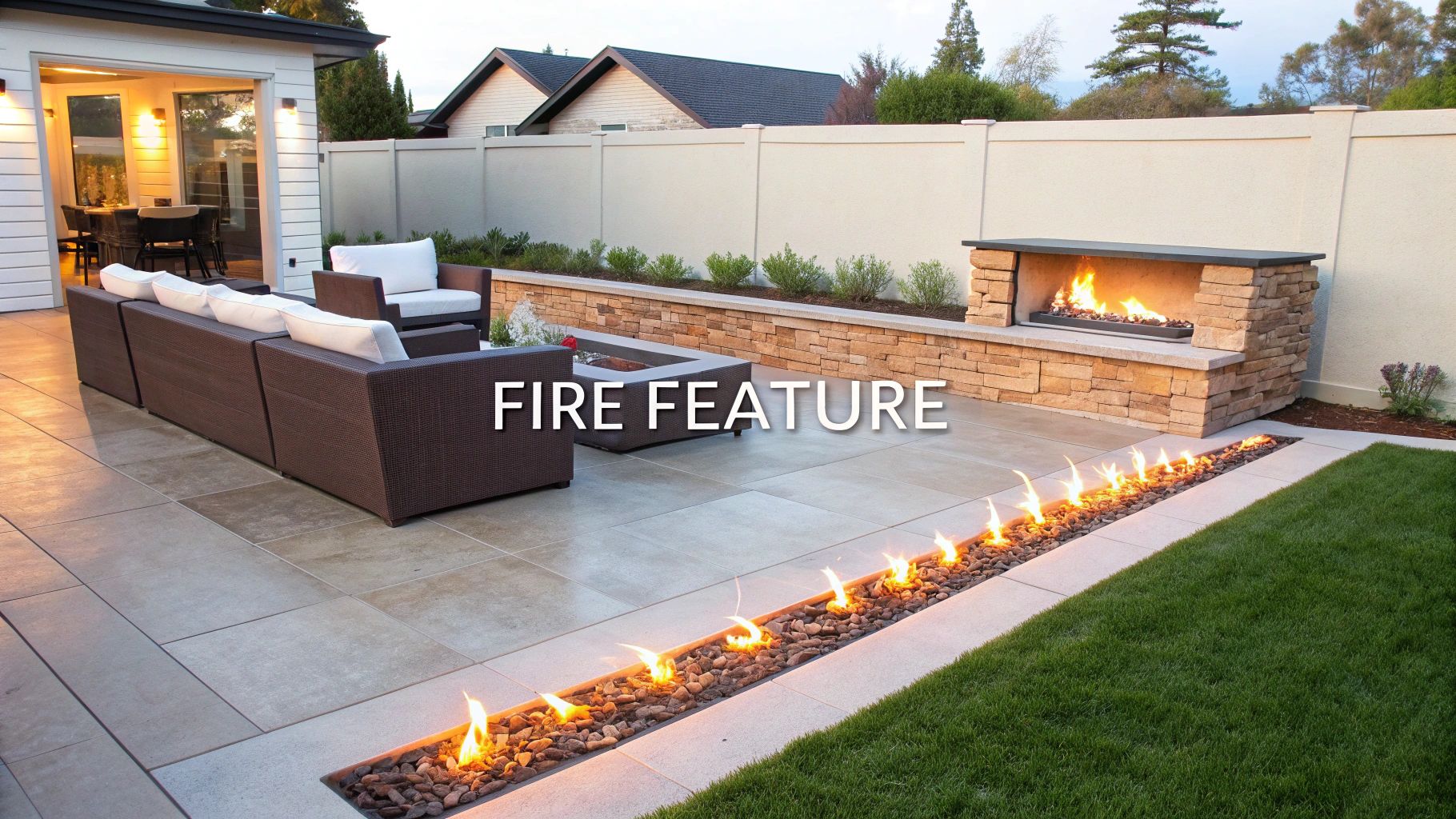 A luxurious outdoor patio features a long linear fire pit and a stone fireplace, perfect for evening entertainment.