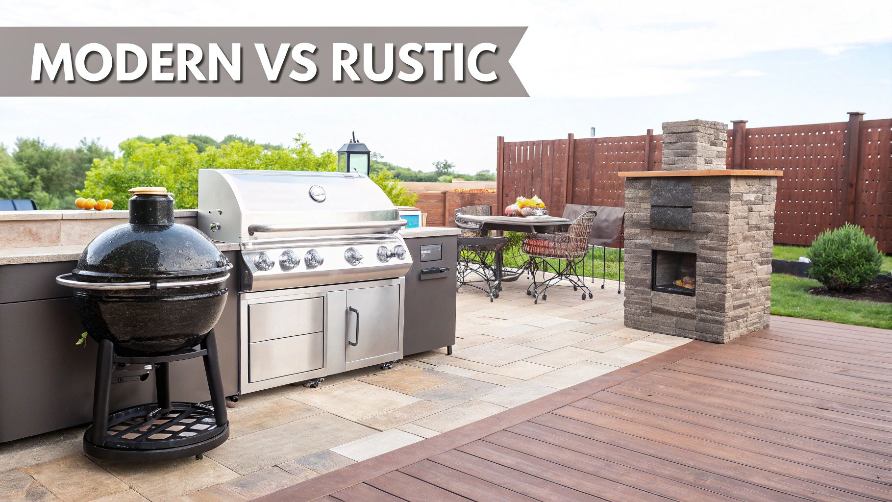 An outdoor patio showcasing modern stainless steel grills alongside a rustic stone fireplace and wooden deck.