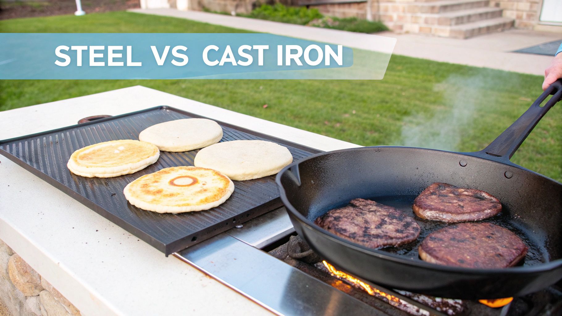 Cooking pancakes on a griddle and burgers in a cast iron skillet outdoors, comparing steel vs. cast iron.