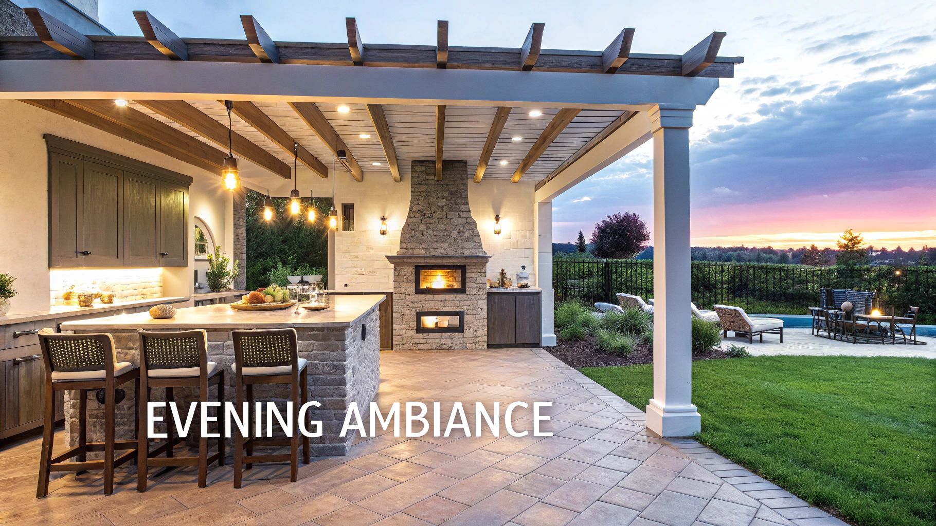 Luxury outdoor kitchen and patio area at sunset with a stone fireplace, bar seating, and a pergola.