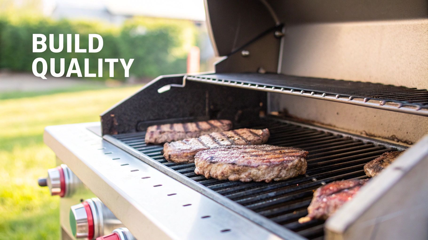 Several steaks sizzling on an open gas grill outdoors, with the text 'BUILD QUALITY' highlighting durability.