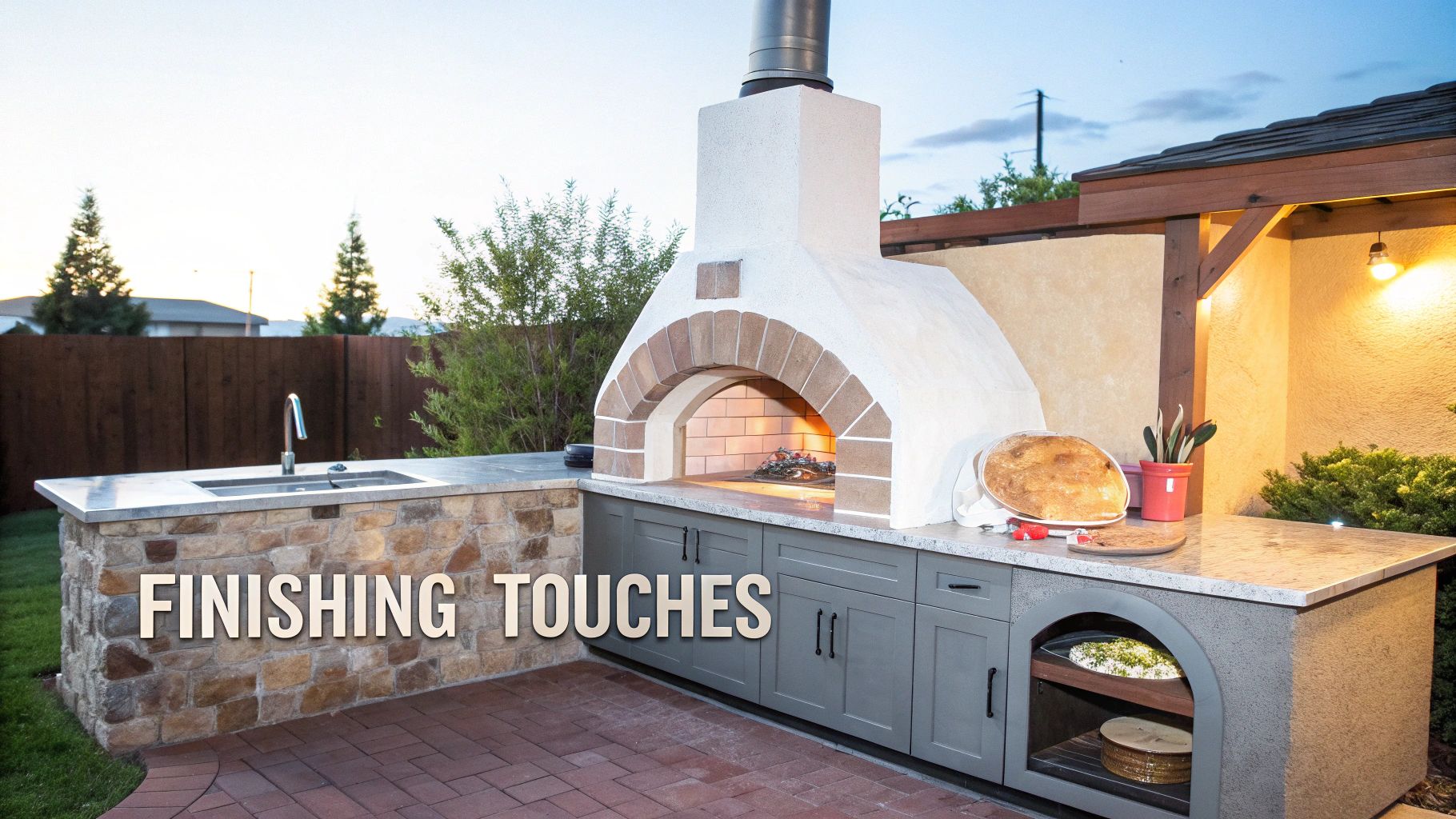 A custom outdoor kitchen with a stone pizza oven, integrated sink, and granite countertops.