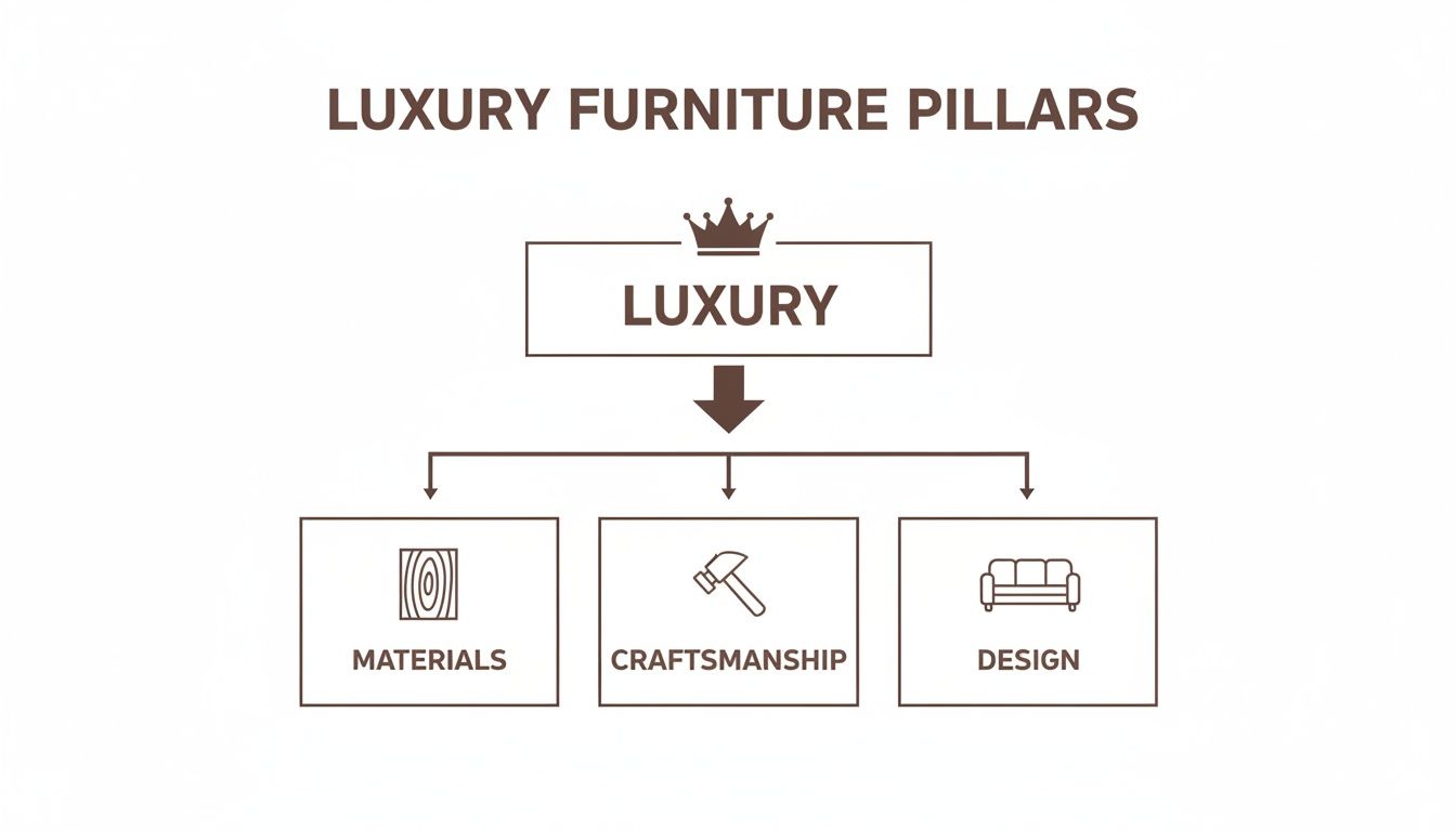 A diagram illustrating luxury furniture pillars: Materials, Craftsmanship, and Design, all contributing to Luxury.