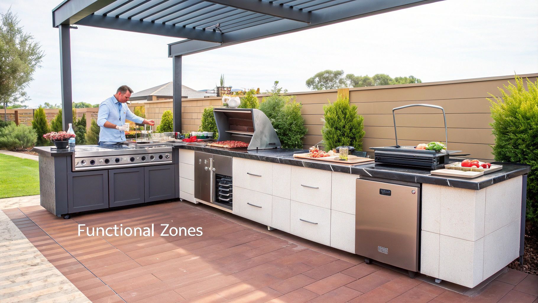 A man cooking at a modern outdoor kitchen with a grill and appliances under a pergola.