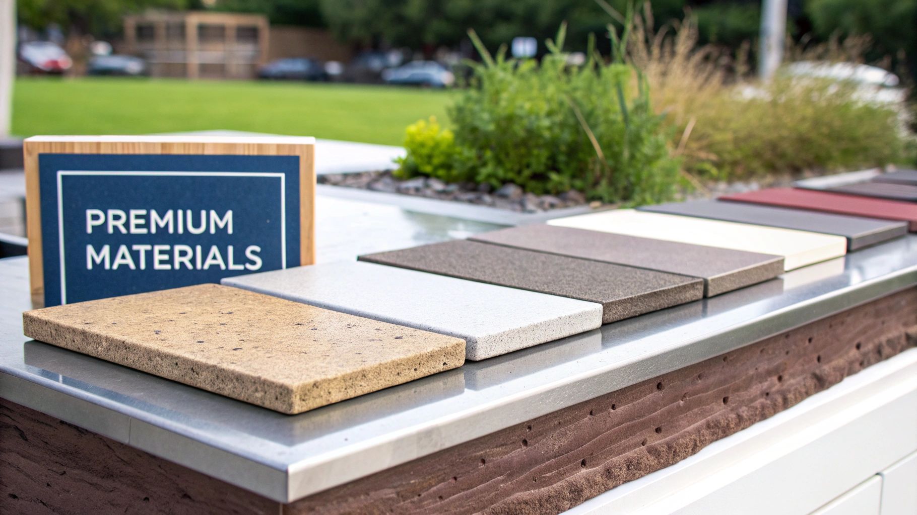 Close-up of premium material samples in various colors displayed outdoors, with a 'Premium Materials' sign.