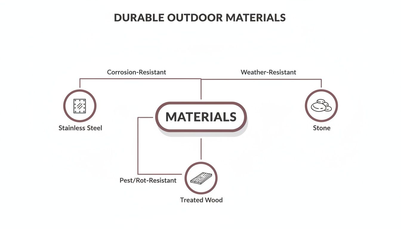 A diagram illustrating durable outdoor materials like Stainless Steel, Stone, and Treated Wood.