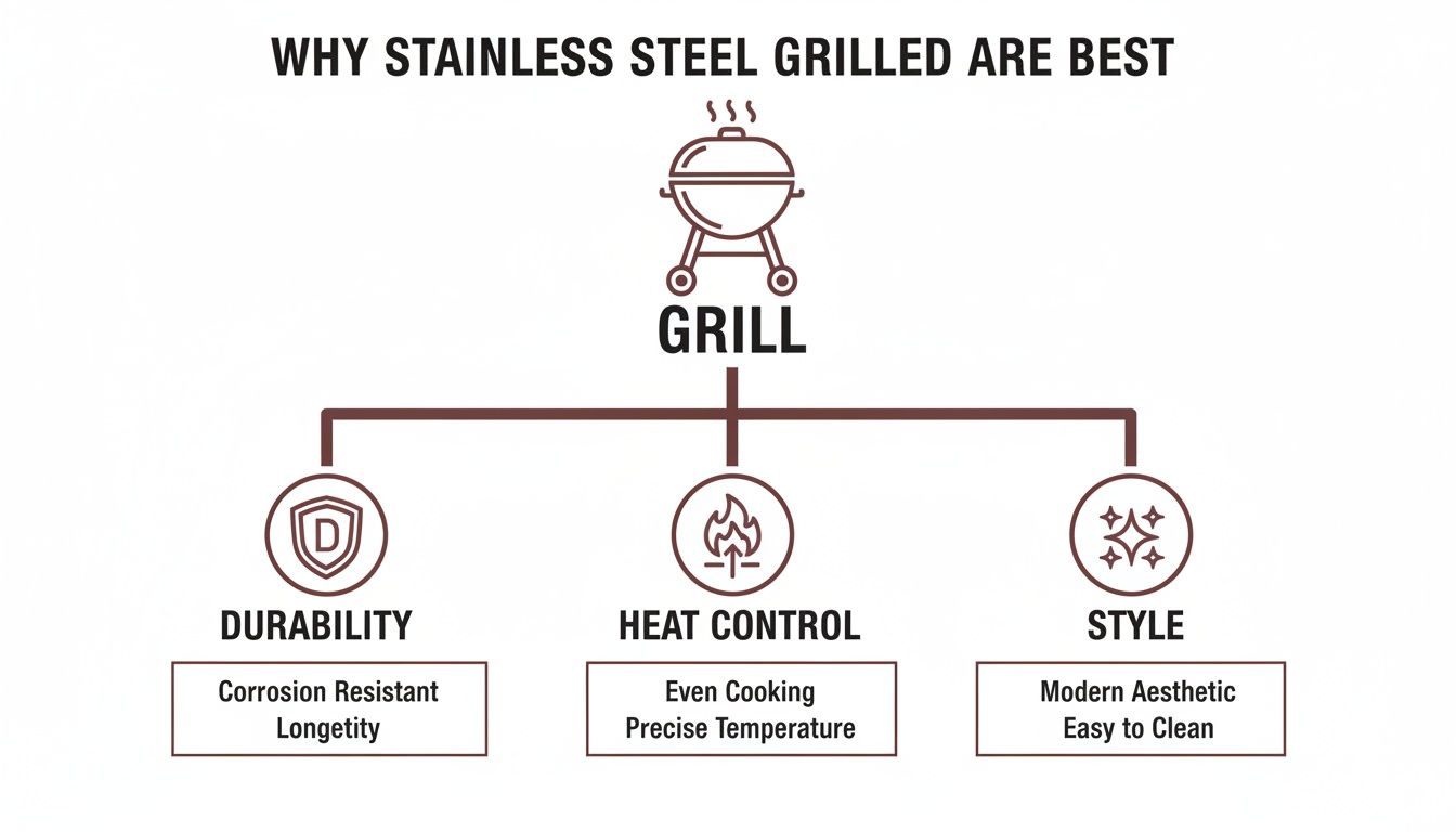 Infographic showing why stainless steel grills are best, highlighting durability, heat control, and style.