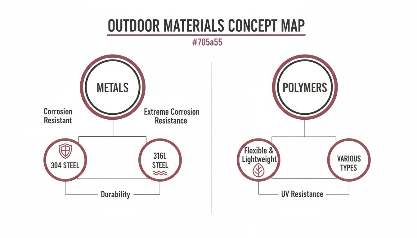 Concept map illustrating outdoor materials, classifying metals and polymers with their key properties.
