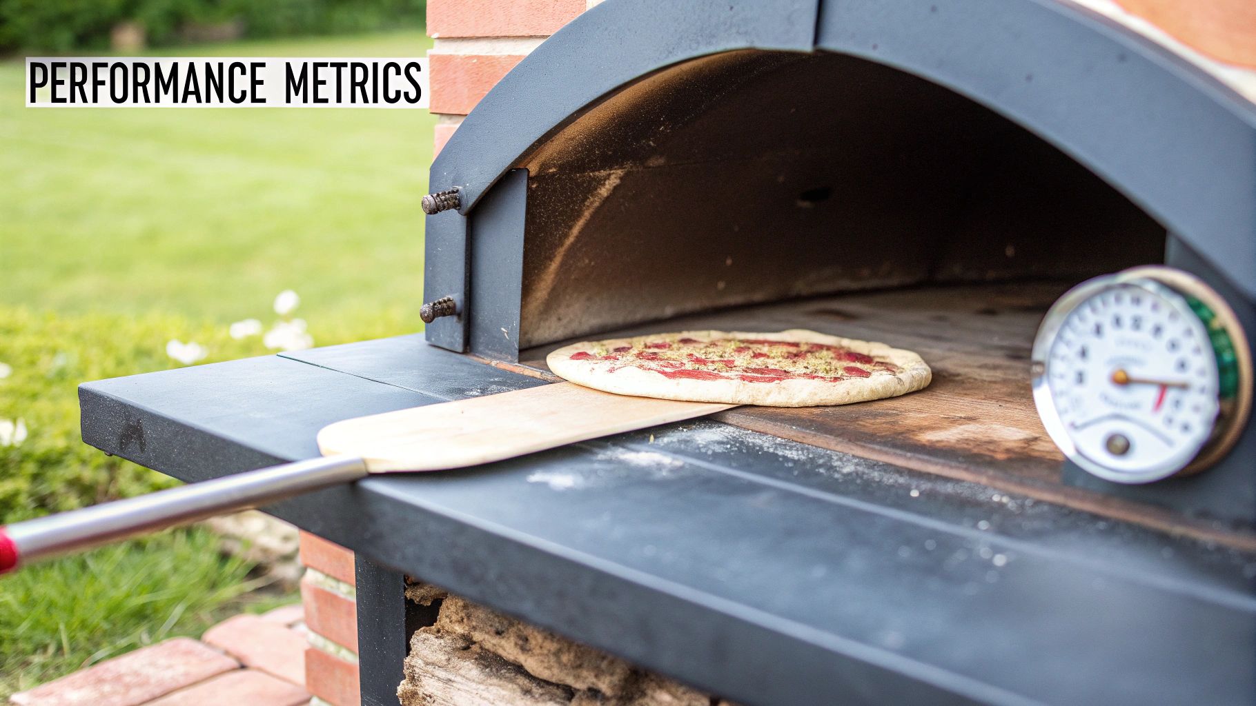 A homemade pizza on a wooden peel being inserted into a dark outdoor brick pizza oven.
