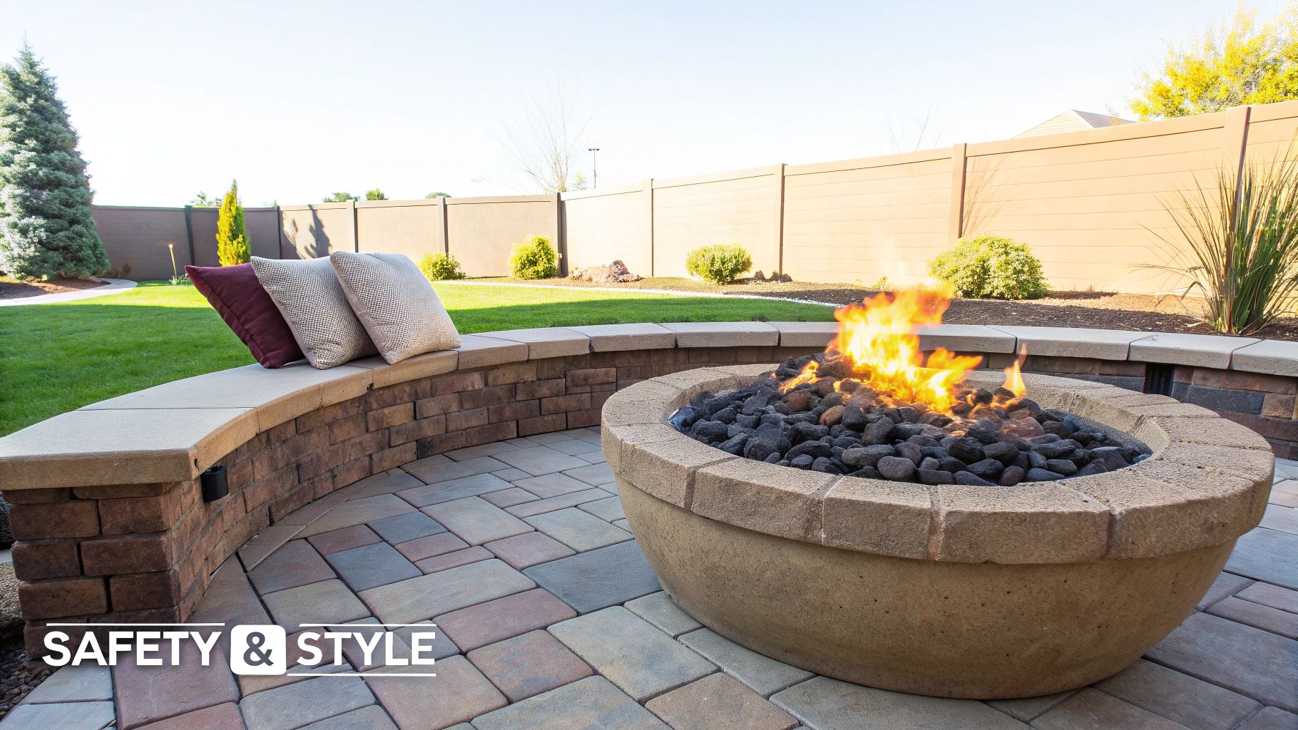 A cozy backyard patio featuring a stone fire pit with flames, a curved bench with pillows, and paved flooring.