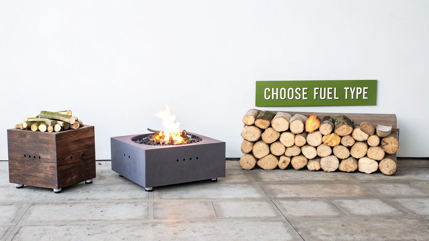 An outdoor concrete fire pit burns, flanked by a wooden log holder and a stack of firewood.