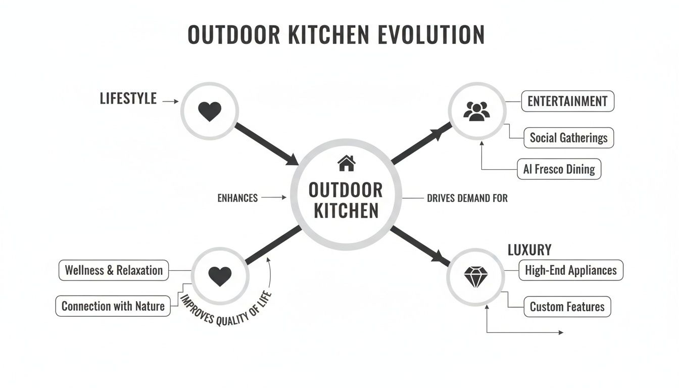 Diagram showing an Outdoor Kitchen Evolution, linking lifestyle and luxury with entertainment factors.