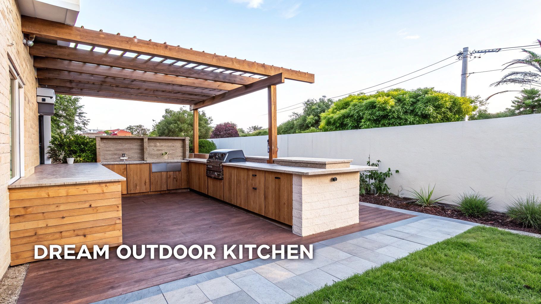 A stylish outdoor kitchen with wooden cabinetry, a built-in grill, sink, and a wooden pergola.