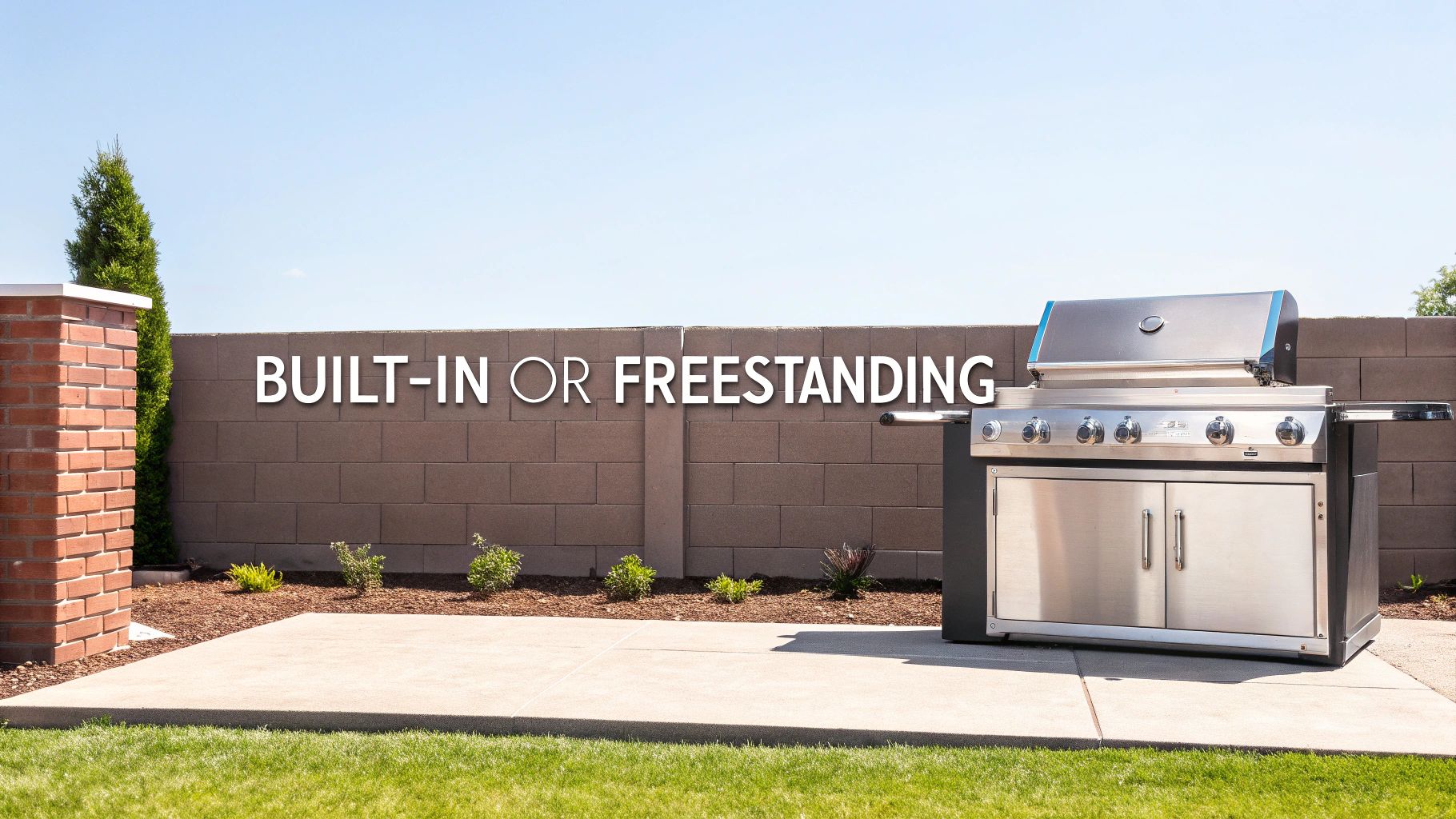 A modern stainless steel freestanding grill on a backyard patio, next to a brick pillar and wall.