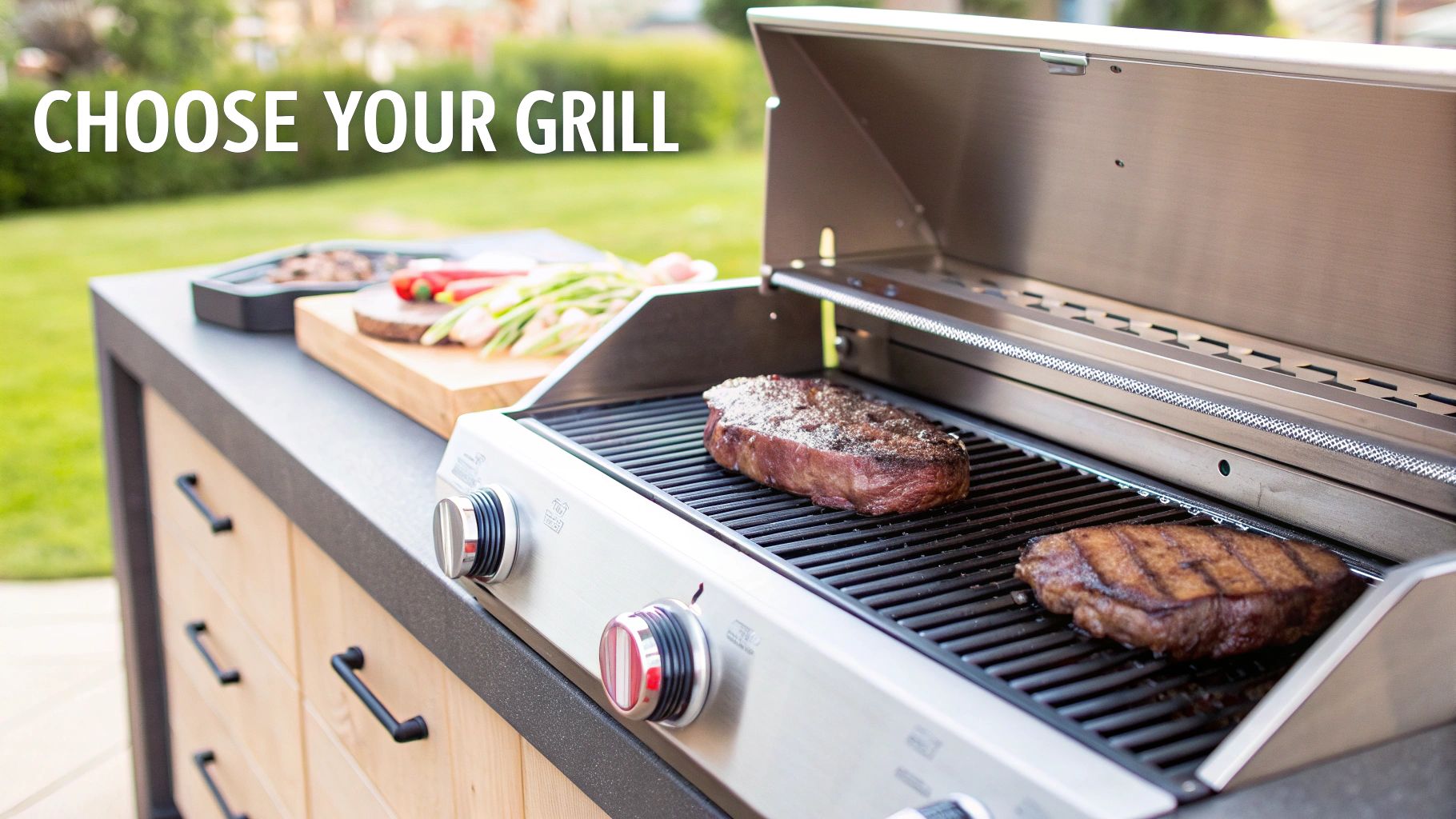 Two steaks cooking on a modern stainless steel outdoor grill in a backyard setting, with fresh vegetables nearby.