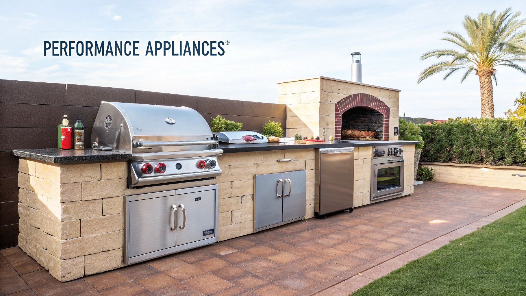 An elaborate outdoor kitchen with stainless steel grill, refrigerator, and built-in brick pizza oven.