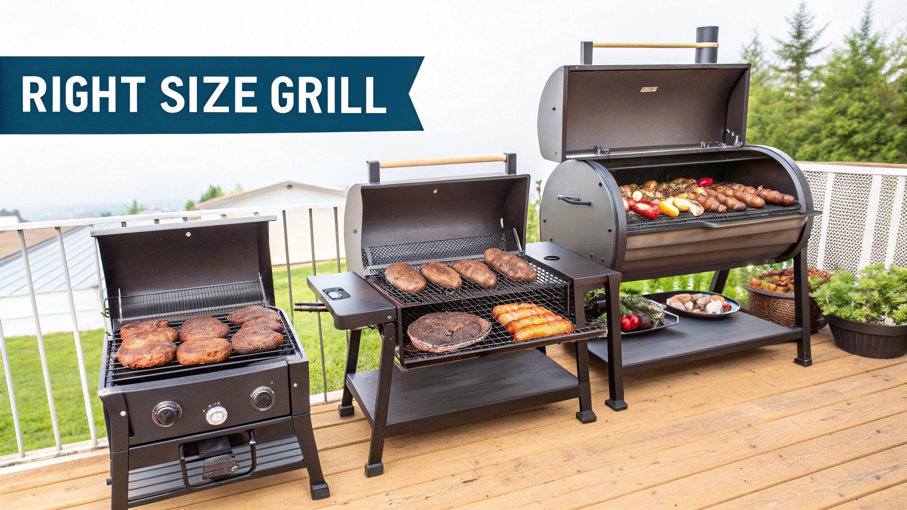 Three different sized black grills cooking various foods on a wooden deck. 'RIGHT SIZE GRILL' banner.