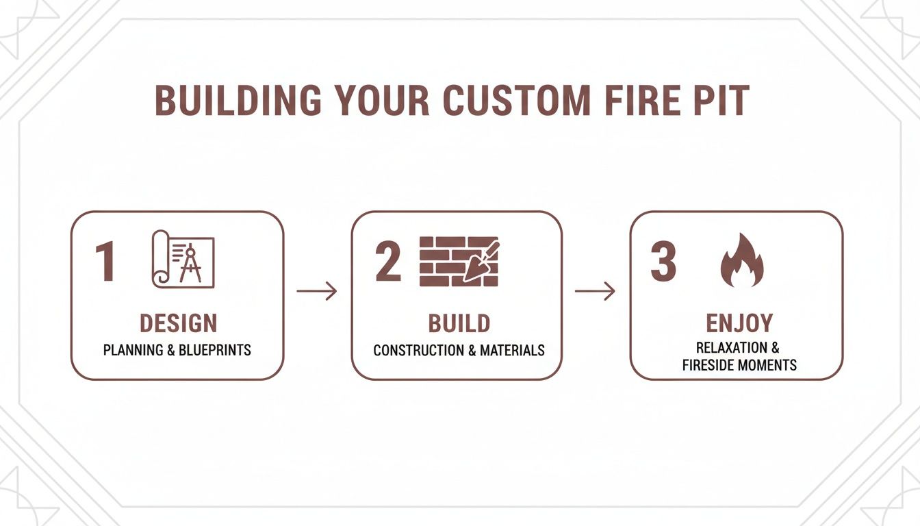 A three-step visual guide on building a custom fire pit: design, build, and enjoy the moments.