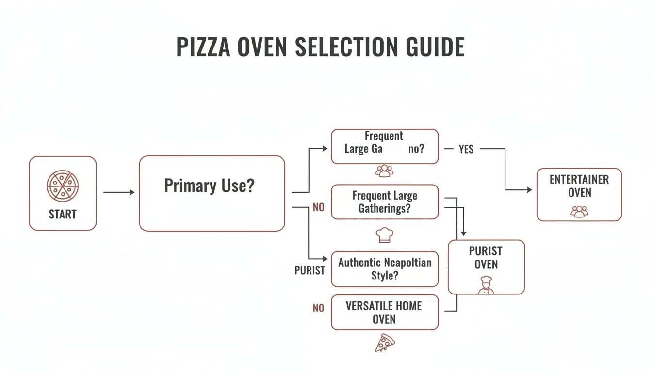 Flowchart guiding pizza oven selection based on primary use, gathering frequency, and desired style.