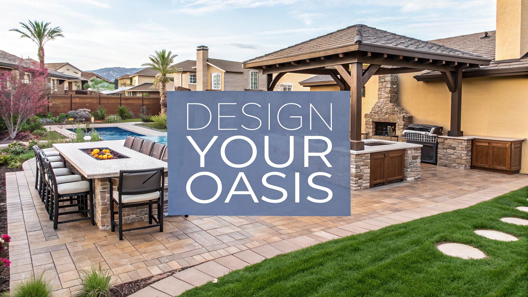 A beautiful luxury backyard oasis with a swimming pool, outdoor kitchen, dining area, and pergola.