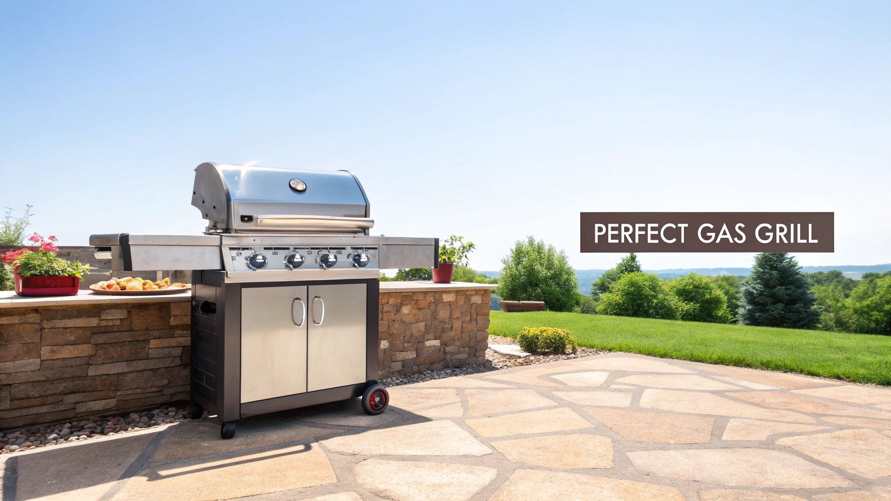 A sleek stainless steel gas grill on a beautiful stone patio with a scenic backyard view.
