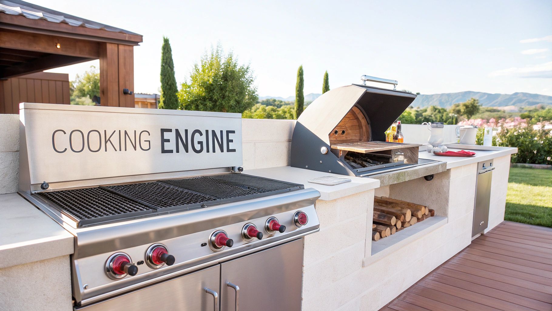 A luxurious outdoor kitchen featuring a grill with "COOKING ENGINE" and a wood-fired pizza oven.