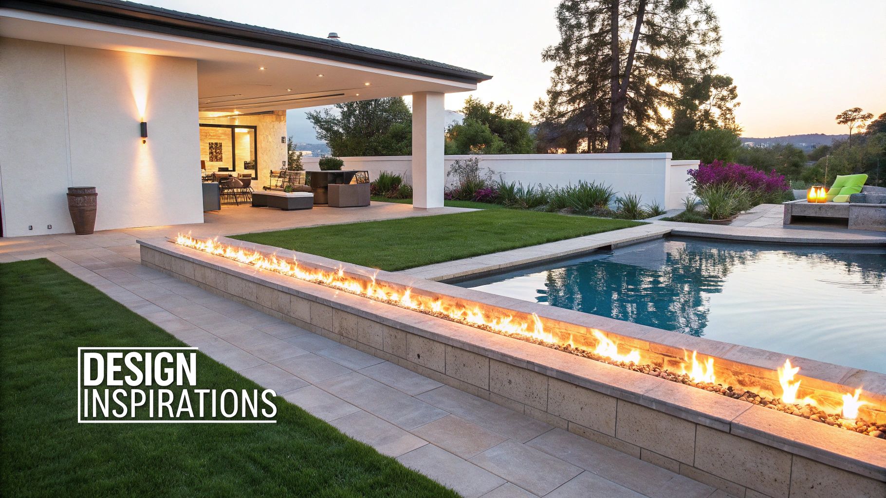 A stunning modern outdoor living space featuring a long linear fire pit, swimming pool, and patio at dusk.