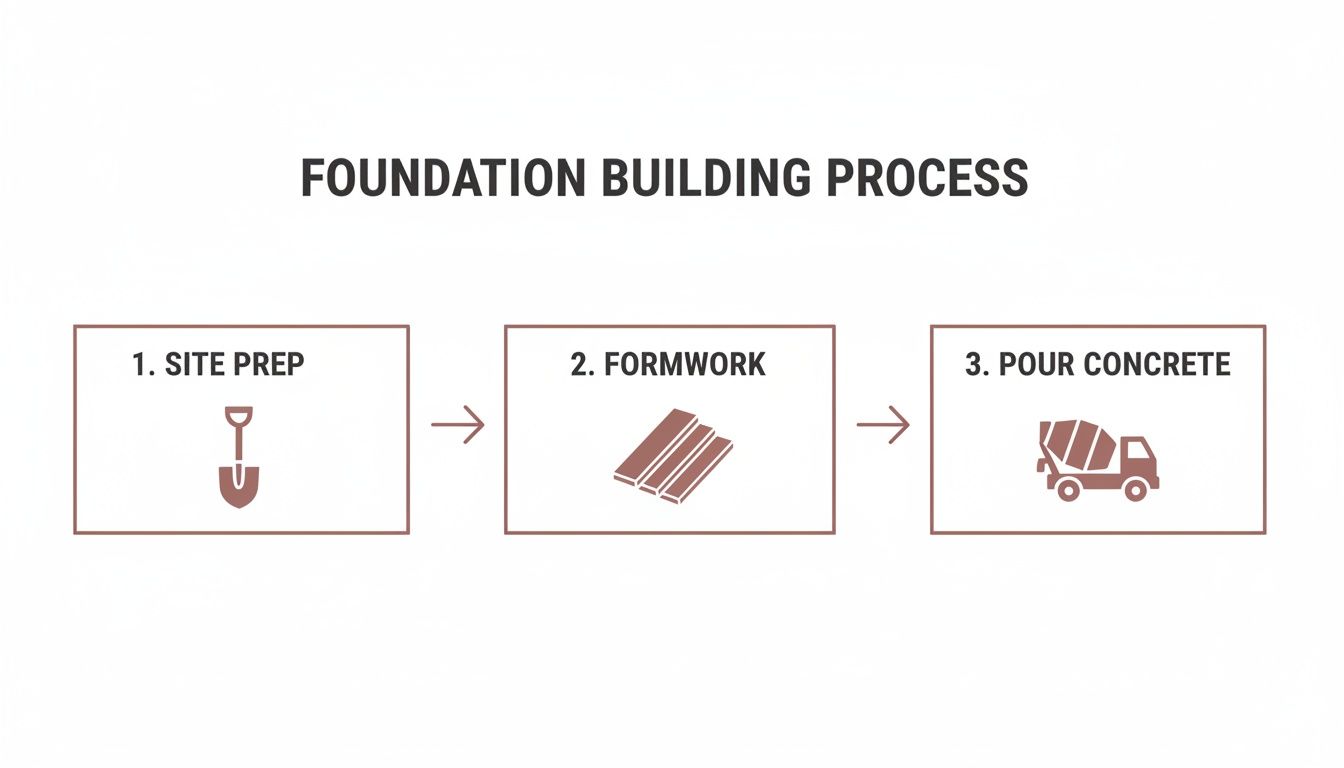 Visual diagram showing three steps of a foundation building process: site prep, formwork, and concrete pour.