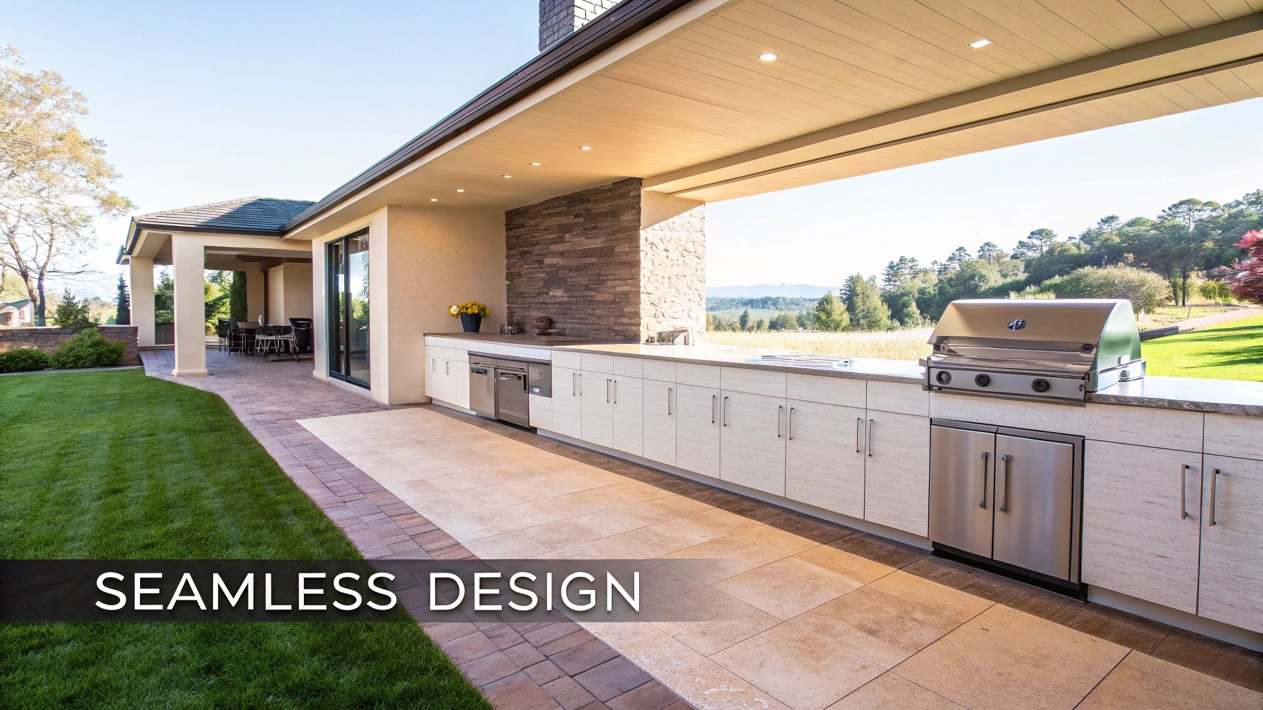 A luxurious outdoor kitchen with a built-in grill, appliances, and cabinetry under a covered patio.